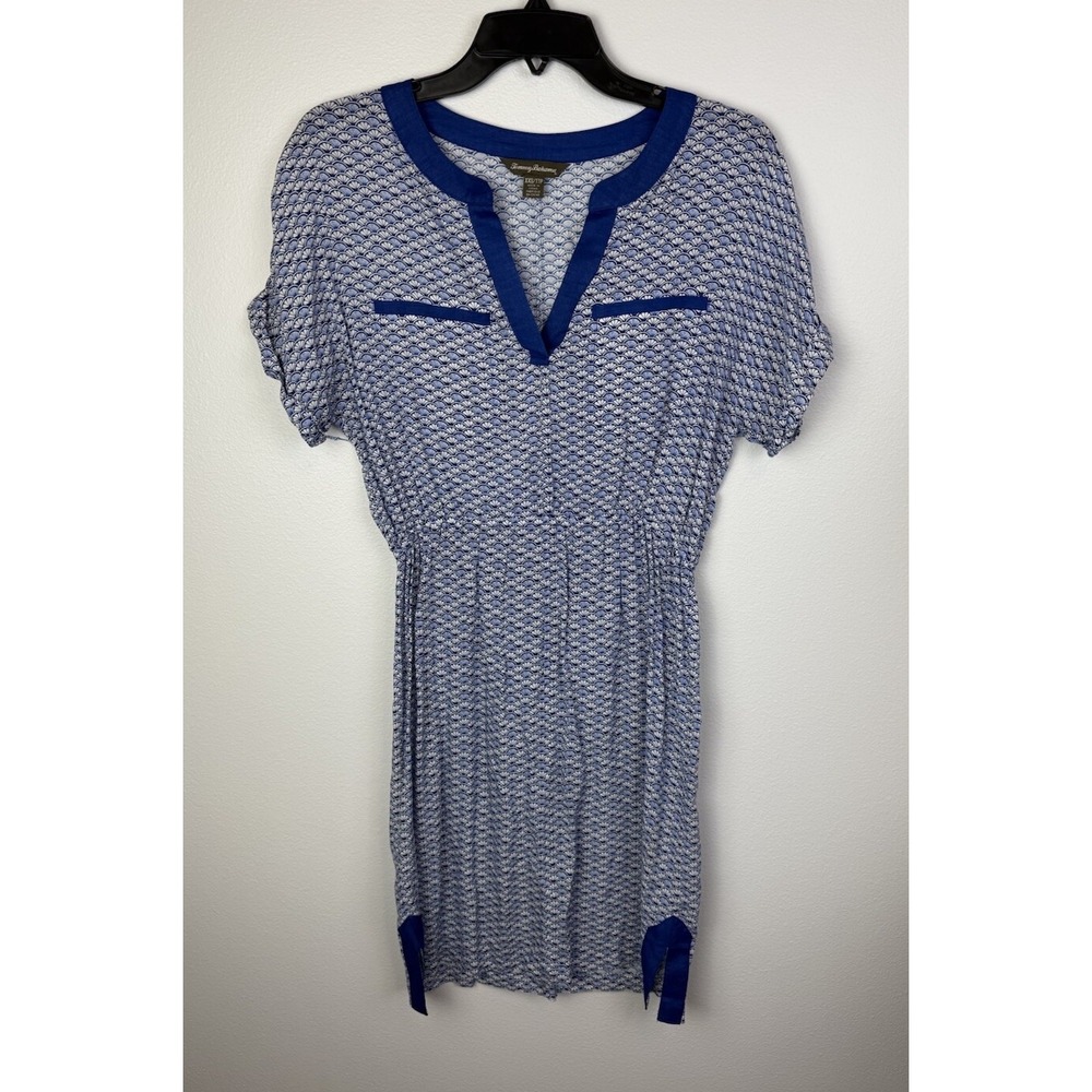 Tommy Bahama Fan Festival Split Neck Short Sleeve Blue n White Beach Dress‎ XXS